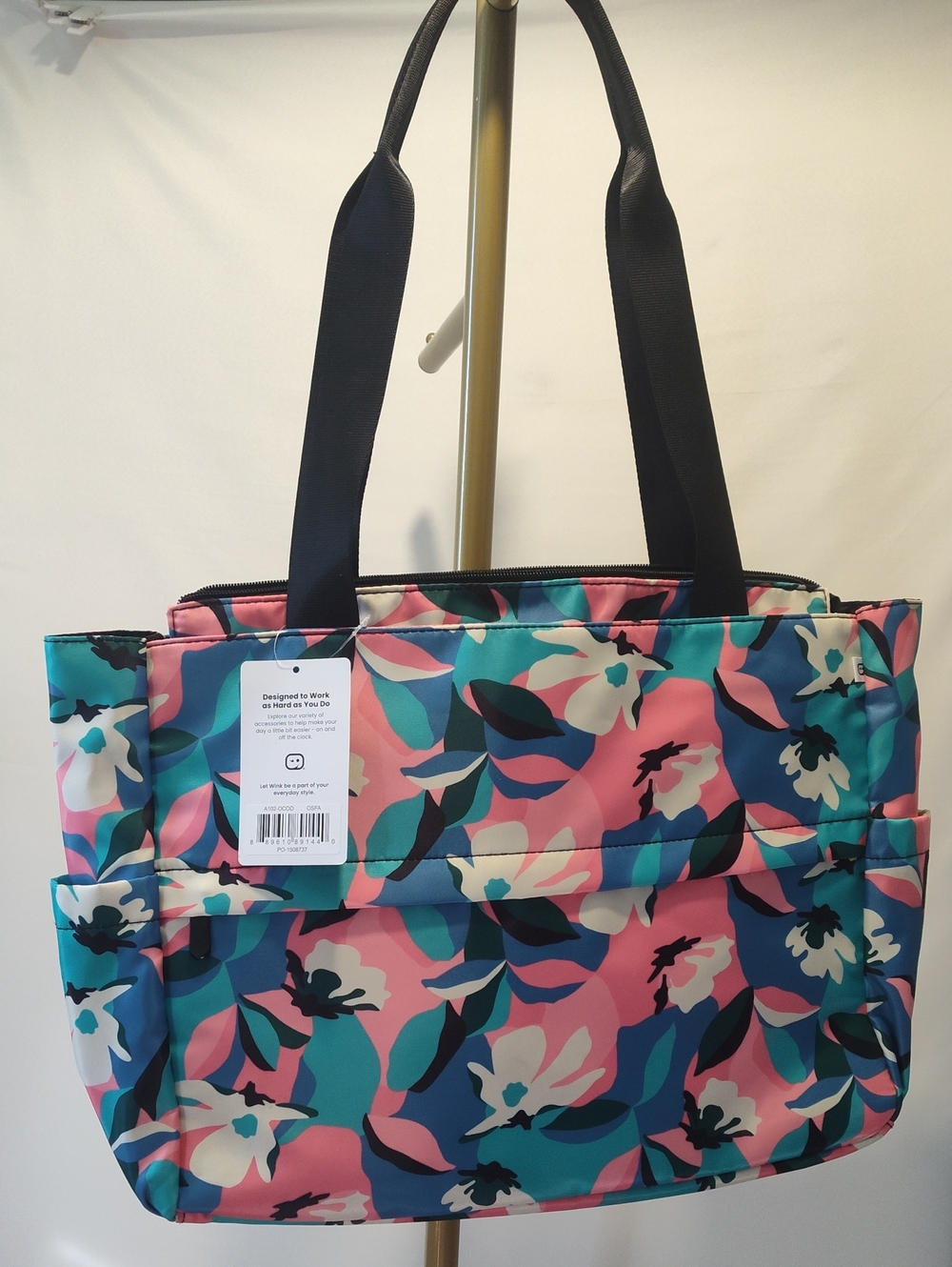 NWT Floral Tote Bag with Black Straps - Pink & Teal